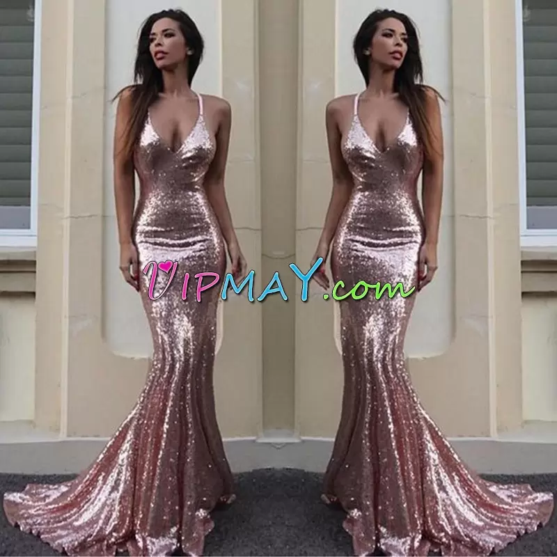 Sleeveless Halter Top Sweep Train Lace Up Sequins Homecoming Party Dress Halter Top