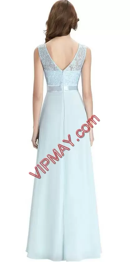 Light Blue Evening Wear Prom and Party and Military Ball with Appliques Scoop Sleeveless Zipper