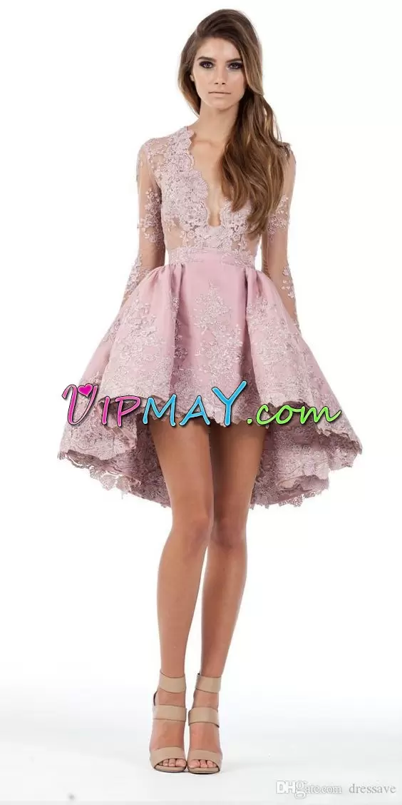 Designer Long Sleeves V-neck Lace Up High Low Lace and Appliques Homecoming Dress Online V-neck