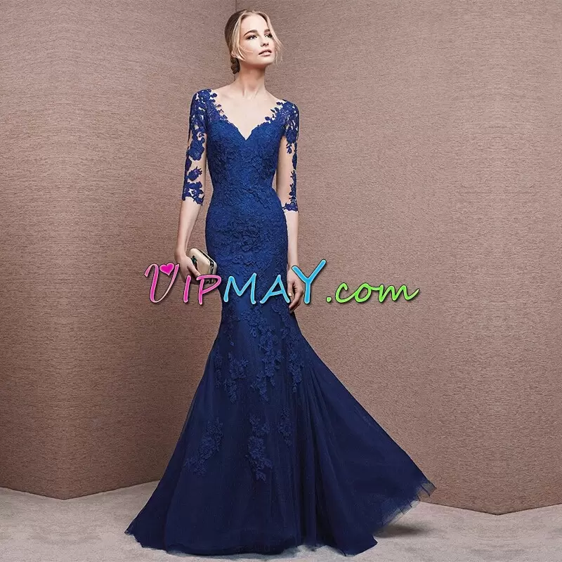 High Quality Royal Blue Prom Party Dress V-neck Half Sleeves Sweep Train Clasp Handle