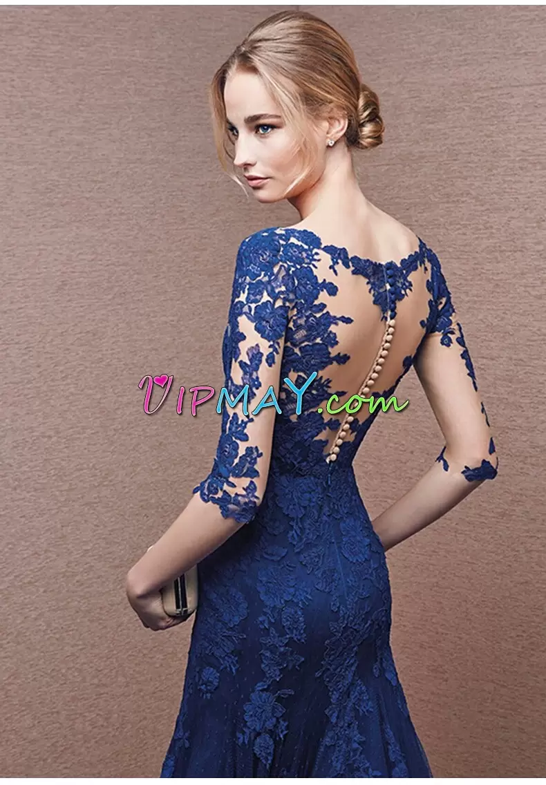 High Quality Royal Blue Prom Party Dress V-neck Half Sleeves Sweep Train Clasp Handle