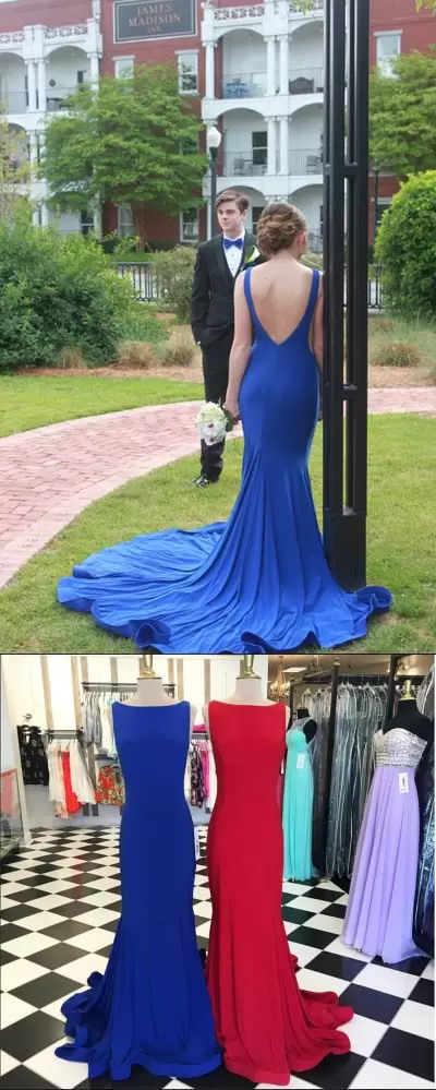 Royal Blue Prom Dresses Scoop Sleeveless Brush Train Backless