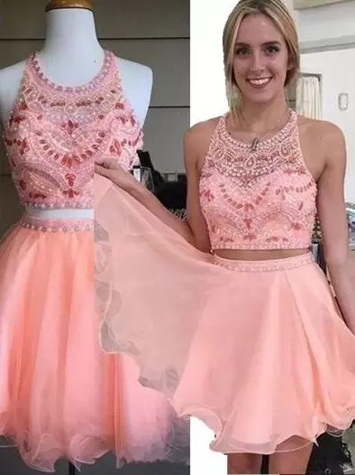 Pink Sleeveless Beading Mini Length Prom Gown Homecoming Dress