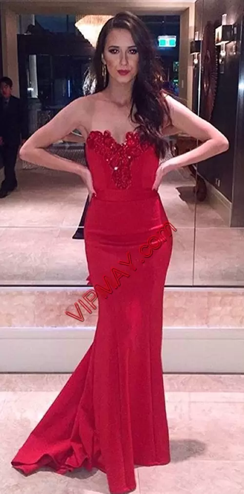 Elegant Red Lace Up Dress for Prom Beading and Lace Sleeveless Floor Length Sweep Train