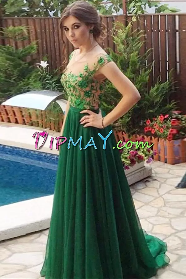 Fancy Scoop Cap Sleeves Sweep Train Lace Up Evening Dress Green Appliques