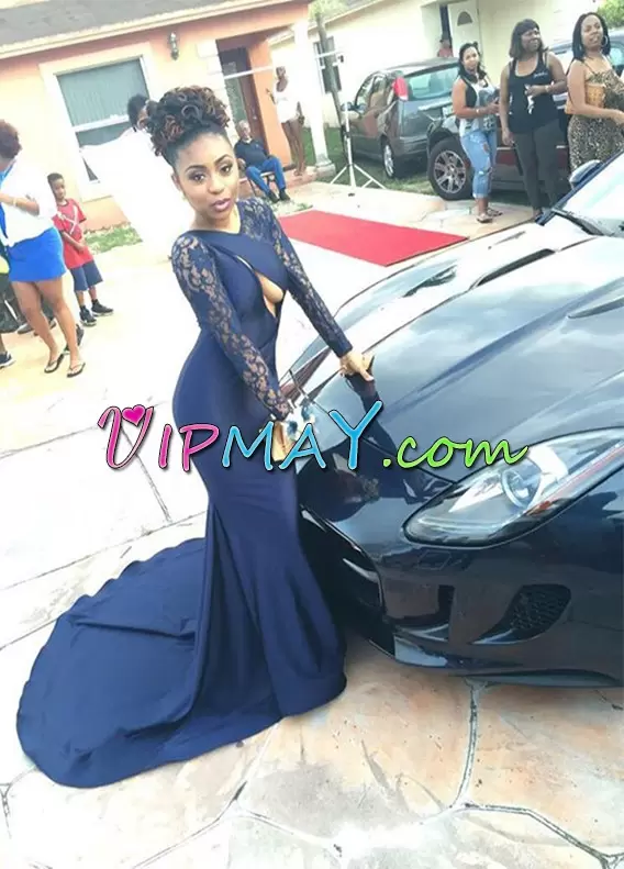 Beautiful Navy Blue Long Sleeves Floor Length Lace Prom Dress Asymmetric