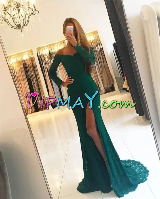 Popular Sweep Train Mermaid Evening Dress Turquoise Off The Shoulder Lace Long Sleeves Lace Up