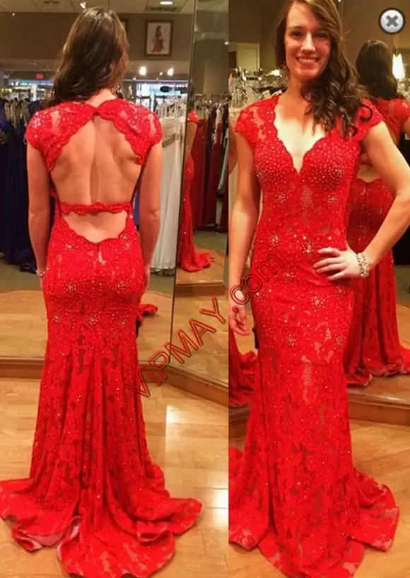 Modern V-neck Cap Sleeves Brush Train Backless Prom Party Dress Red Beading and Lace