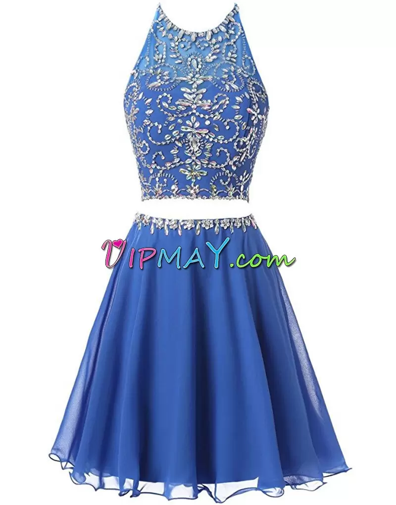 Edgy Royal Blue Halter Top Neckline Beading and Ruffles Prom Gown Sleeveless Backless