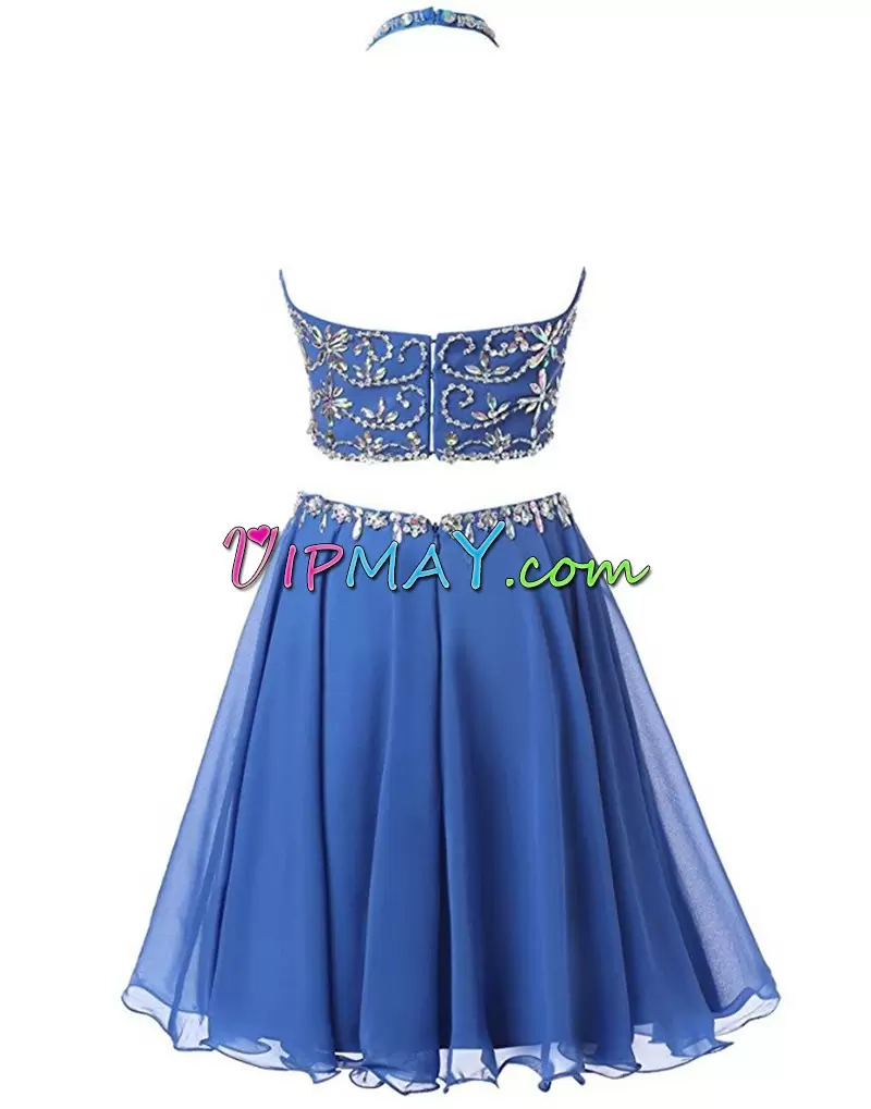 Edgy Royal Blue Halter Top Neckline Beading and Ruffles Prom Gown Sleeveless Backless