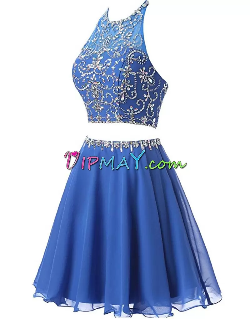 Edgy Royal Blue Halter Top Neckline Beading and Ruffles Prom Gown Sleeveless Backless