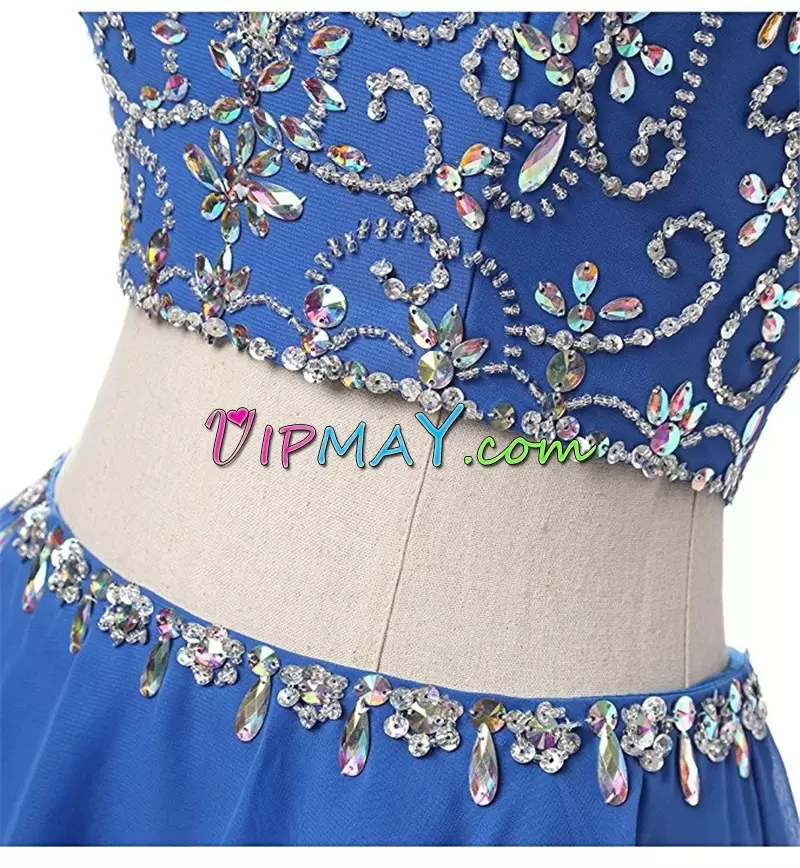 Edgy Royal Blue Halter Top Neckline Beading and Ruffles Prom Gown Sleeveless Backless