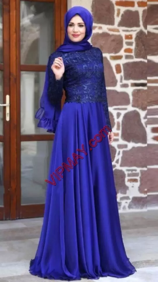 High Class Royal Blue High-neck Neckline Lace Prom Gown Long Sleeves