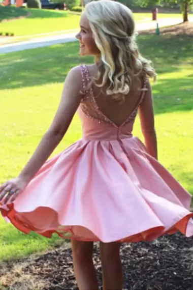 Pink A-line Beading Prom Party Dress Backless Satin Sleeveless Mini Length