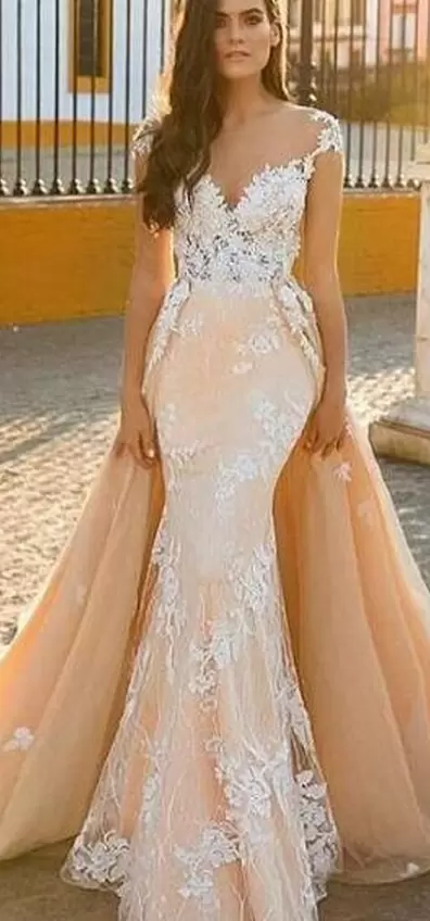 Champagne Sleeveless Sweep Train Lace and Appliques Prom Gown