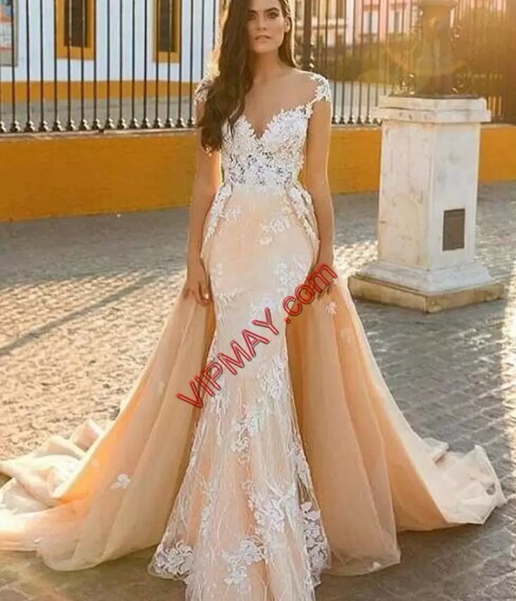 Champagne Sleeveless Sweep Train Lace and Appliques Prom Gown