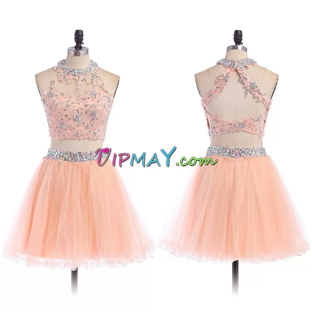 Colorful Halter Top Sleeveless Junior Homecoming Dress Mini Length Beading Peach Tulle