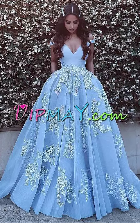 Baby Blue Ball Gowns Tulle Off The Shoulder Sleeveless Beading and Appliques With Train Backless Homecoming Dress Sweep Train