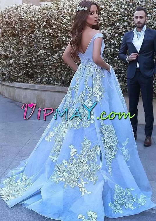 Baby Blue Ball Gowns Tulle Off The Shoulder Sleeveless Beading and Appliques With Train Backless Homecoming Dress Sweep Train