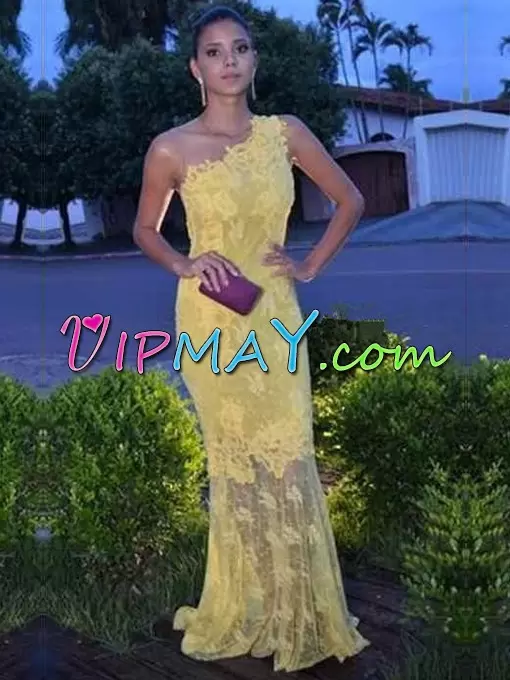 Sleeveless Lace and Appliques Side Zipper Prom Dresses with Yellow Sweep Train