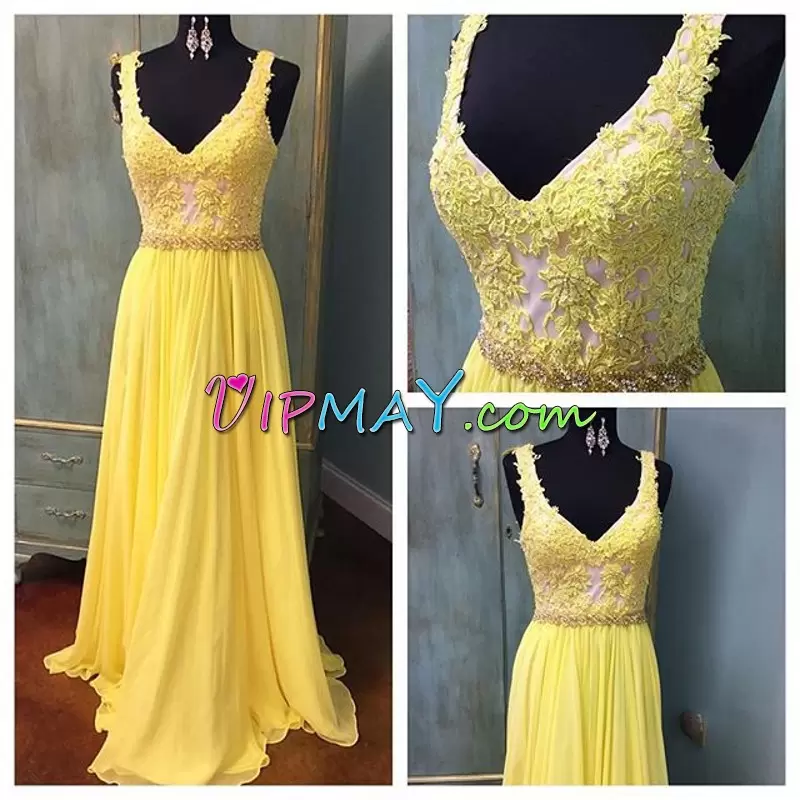 Yellow Sleeveless Floor Length Beading and Appliques Lace Up V-neck