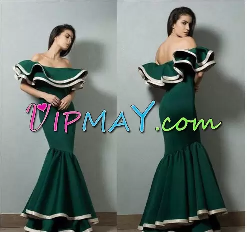 Customized Off The Shoulder Short Sleeves Satin Evening Party Dresses Ruching Side Zipper