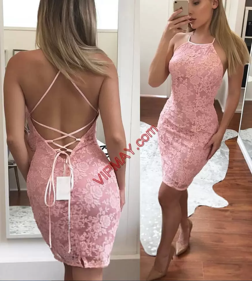 Unique Pink Sleeveless Knee Length Lace Homecoming Dress Halter Top