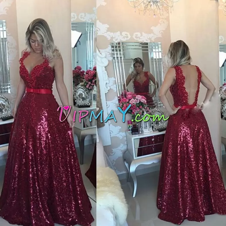 Floor Length Red Prom Dresses Sweetheart Sleeveless Sweep Train Lace Up