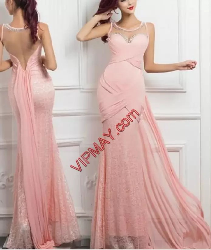 Sleeveless Floor Length Ruching Backless Hoco Dress with Pink