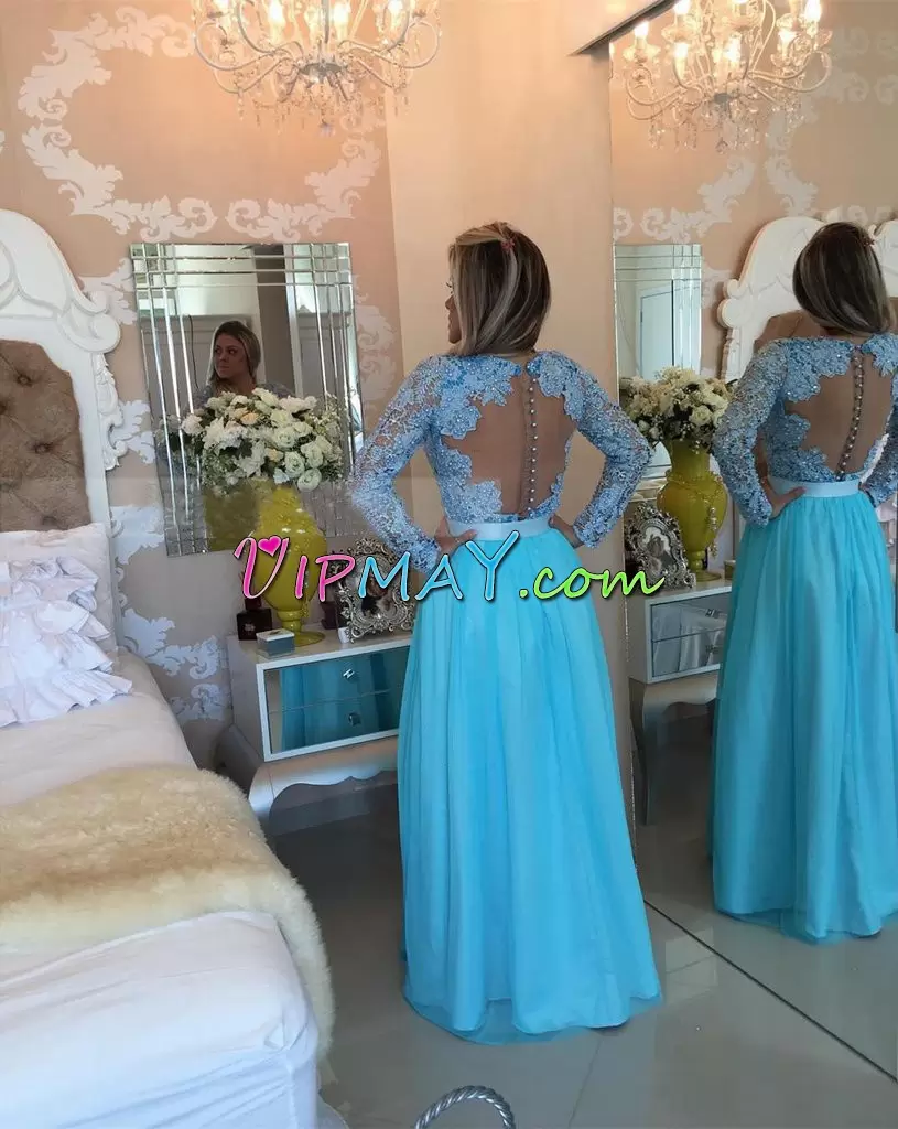 Simple Floor Length Turquoise Prom Gown Long Sleeves Beading and Appliques and Bowknot