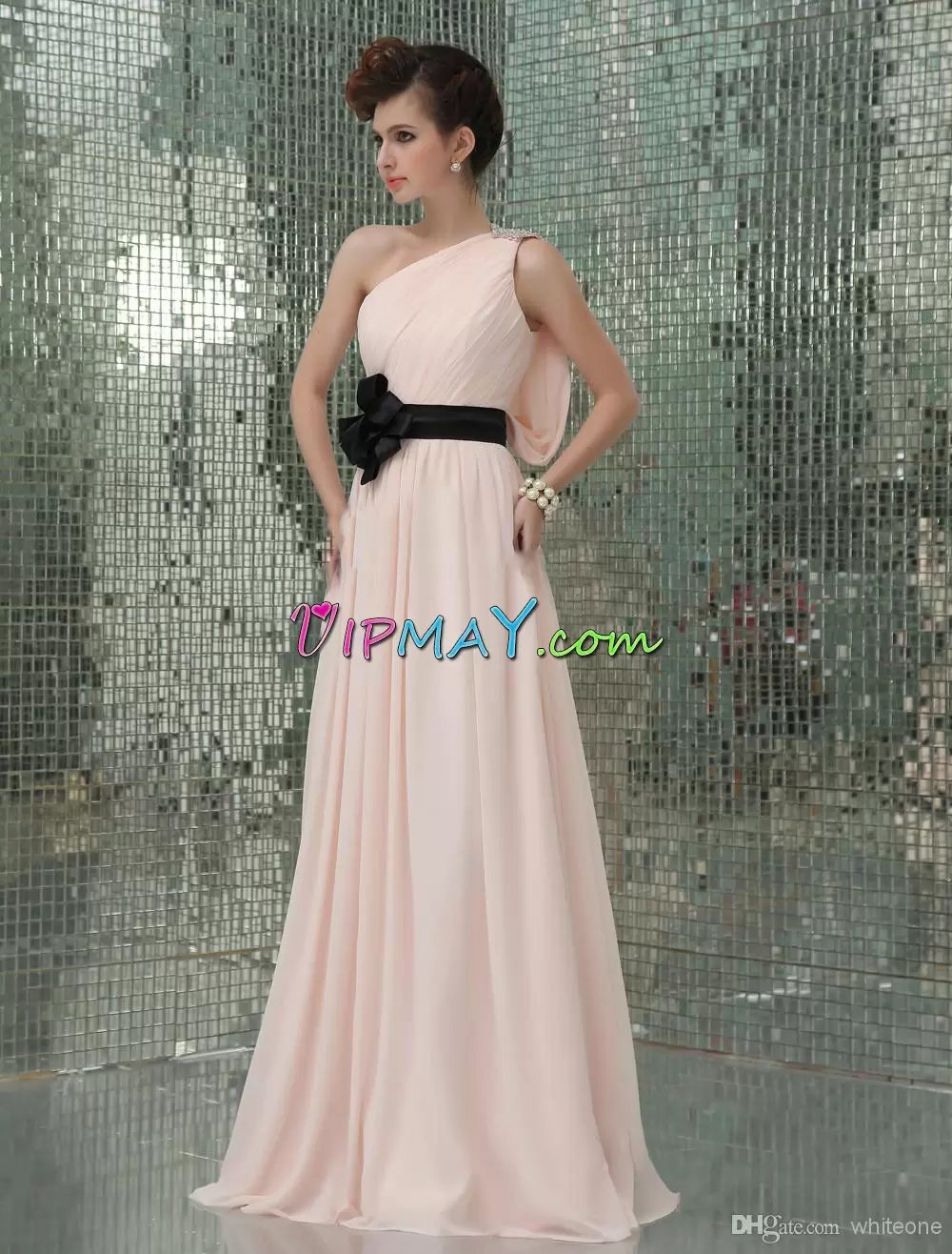 pale pink long prom dress,one shoulder prom dress chiffon,one shoulder formal dress,chiffon beach prom dress,chiffon flowy prom dress,sleeveless prom dress with belt,pink and black prom dress,