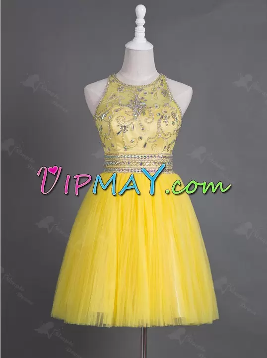 High Quality Yellow A-line Scoop Sleeveless Tulle Mini Length Zipper Beading Prom Dress