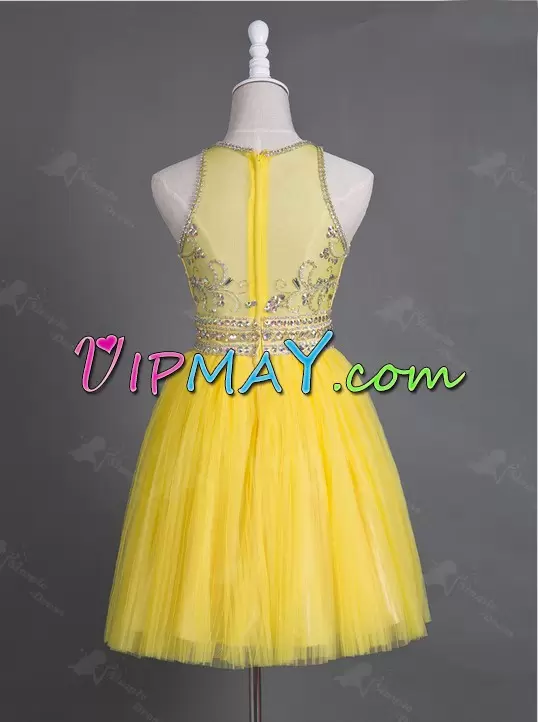 High Quality Yellow A-line Scoop Sleeveless Tulle Mini Length Zipper Beading Prom Dress