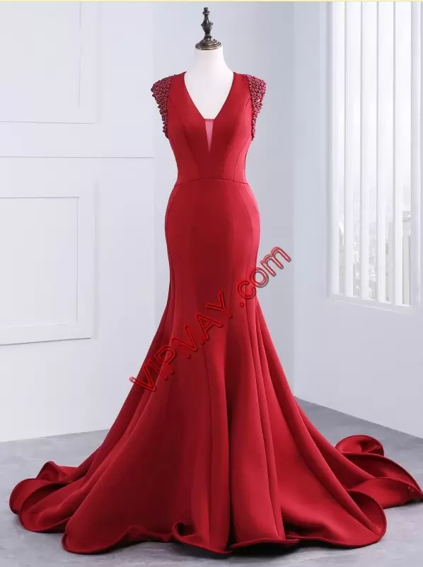 Glittering Sleeveless V-neck Brush Train Backless Beading Junior Homecoming Dress V-neck