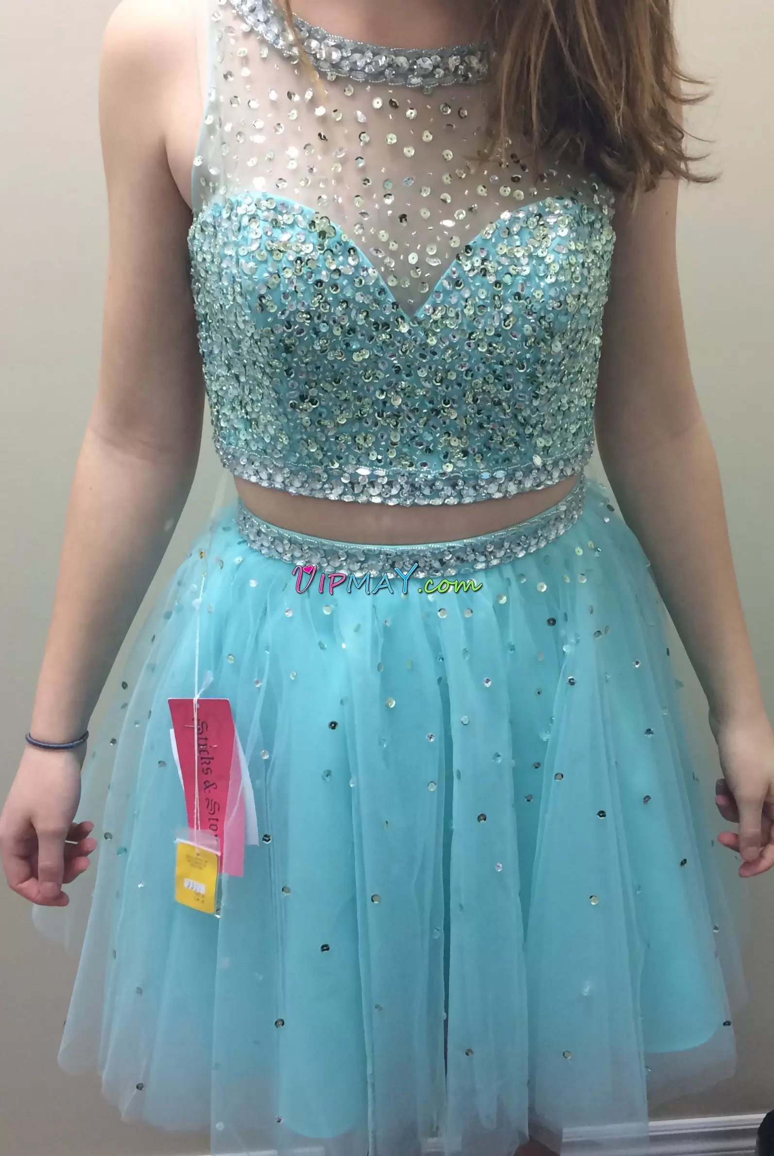 Mini Length Aqua Blue Prom Gown Tulle Sleeveless Beading