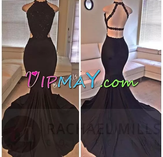 Fancy Black Sleeveless Brush Train Backless Prom Homecoming Dress for Prom and Party