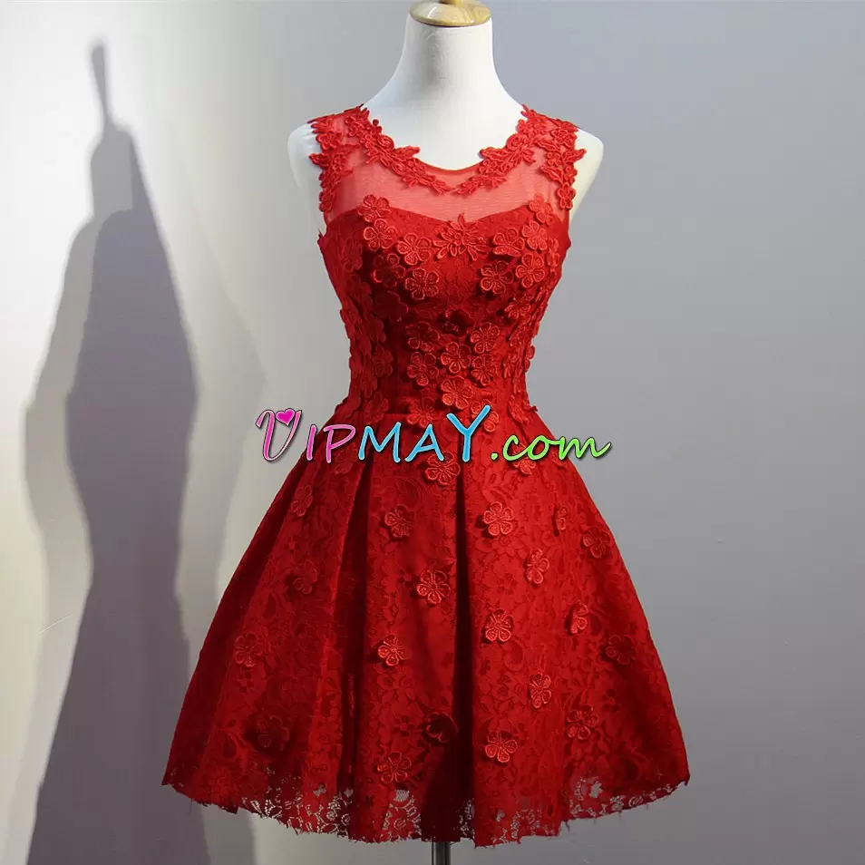 Stylish Wine Red Sleeveless Mini Length Appliques Lace Up Dress for Prom Scoop