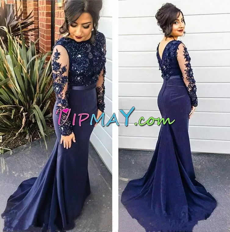 Navy Blue Zipper High-neck Beading and Appliques Long Sleeves Sweep Train