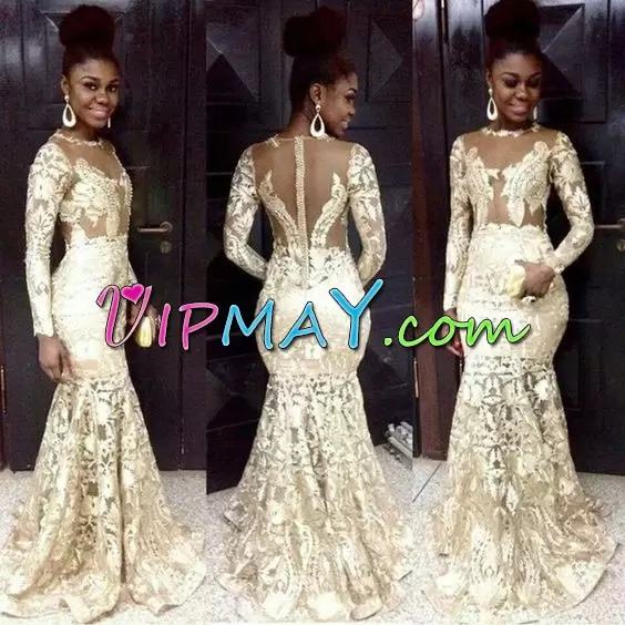 Artistic Champagne Zipper Scoop Lace Homecoming Dress Lace Long Sleeves Sweep Train