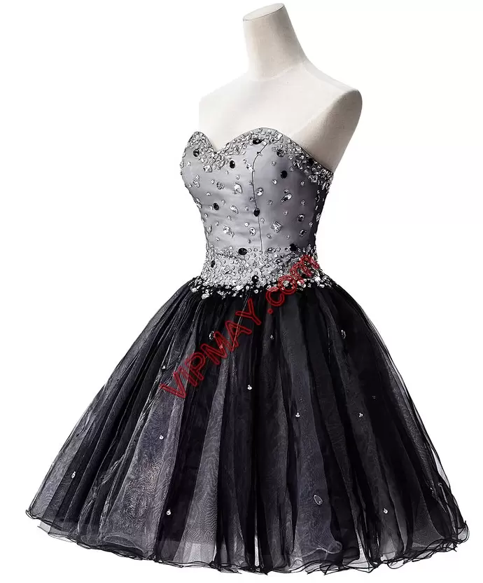 Dazzling Sleeveless Tulle Mini Length Lace Up Prom Homecoming Dress in Black with Beading