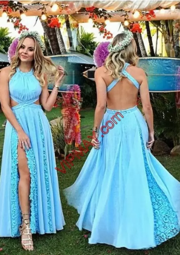 Halter Top Sleeveless Backless Dress for Prom Blue Chiffon Ruching