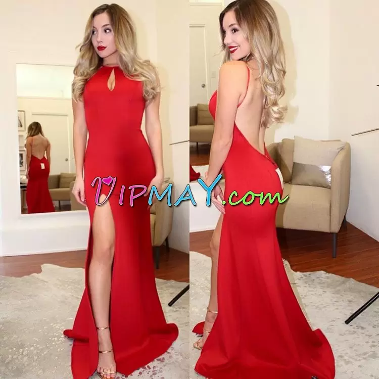 Red Mermaid Halter Top Sleeveless Satin Sweep Train Backless Ruching Homecoming Dresses