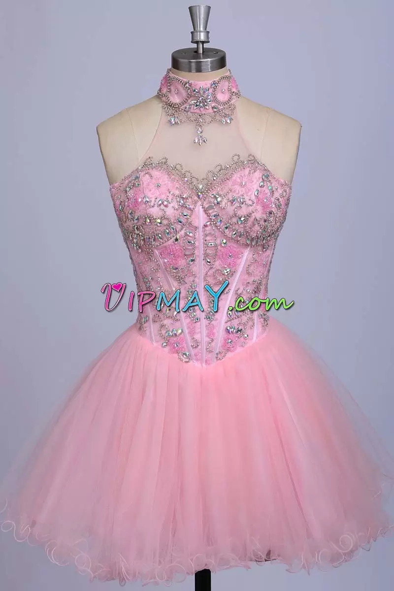 High End Halter Top Sleeveless Lace Up Pink Tulle Beading and Embroidery and Ruching