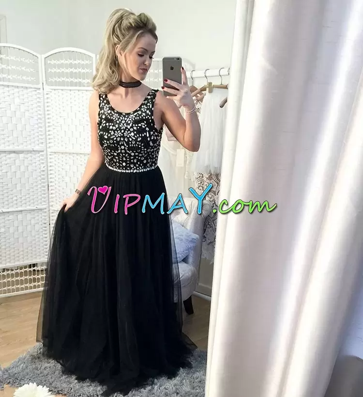 Scoop Sleeveless Tulle Hoco Dress Beading Lace Up