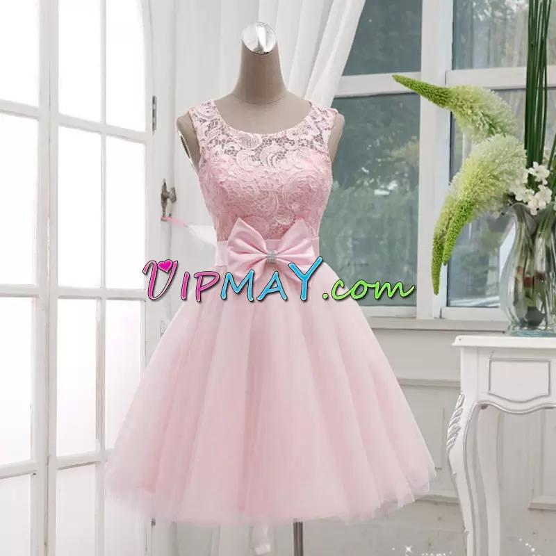 Fancy Baby Pink A-line Tulle Scoop Sleeveless Lace and Bowknot Knee Length Lace Up Prom Evening Gown