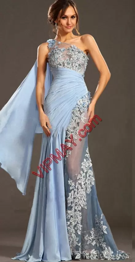 Wonderful Floor Length Mermaid Sleeveless Blue Prom Dresses Lace Up