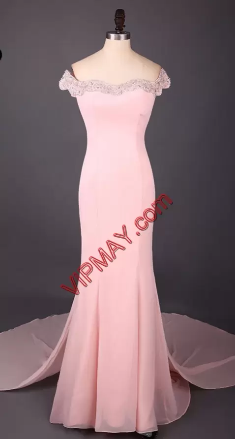 Chiffon Sleeveless Floor Length Prom Homecoming Dress Court Train and Beading