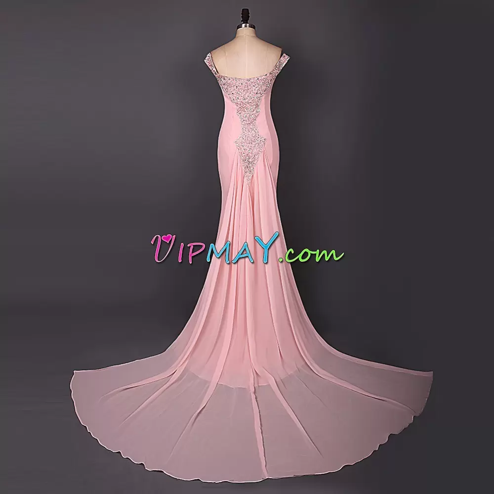 Chiffon Sleeveless Floor Length Prom Homecoming Dress Court Train and Beading