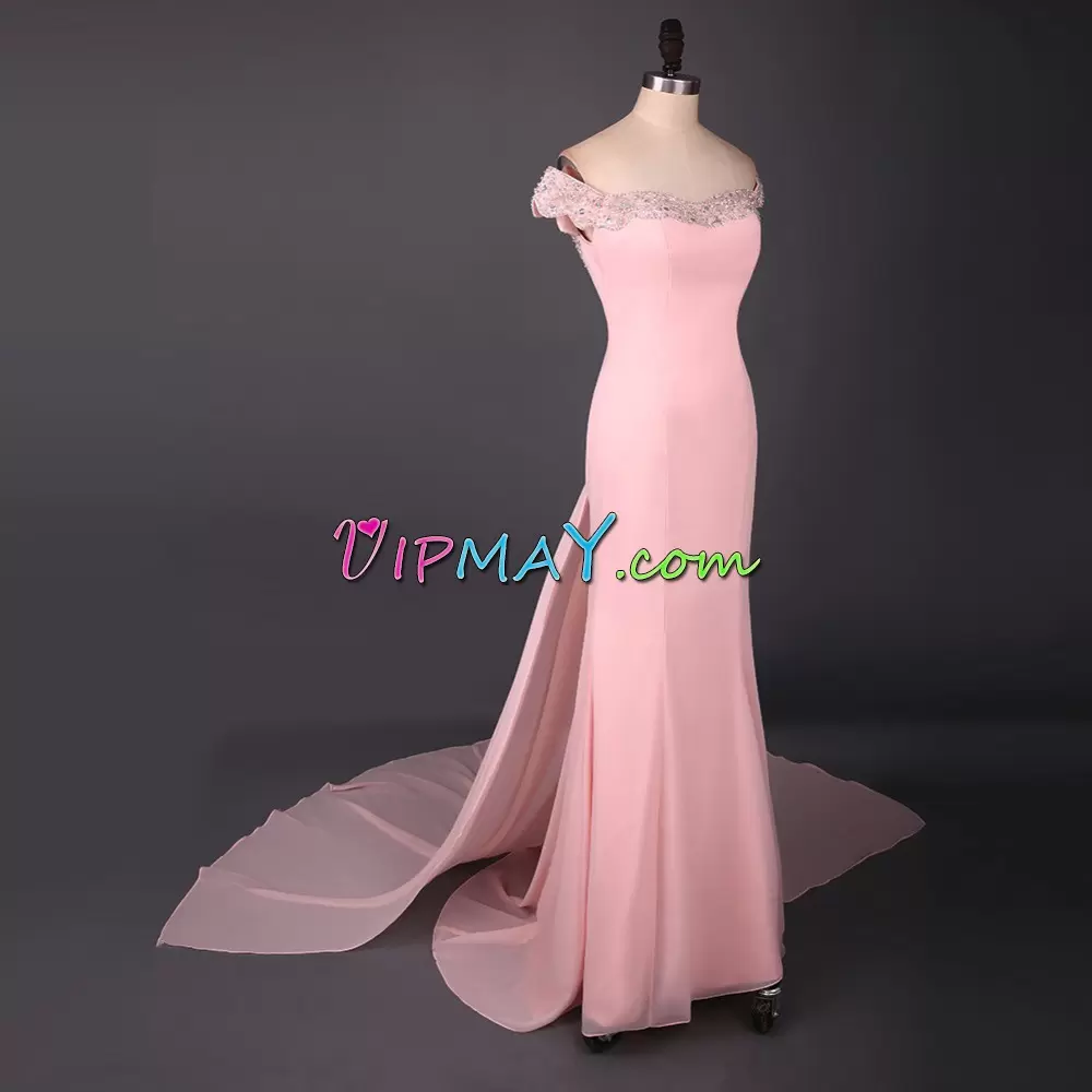 Chiffon Sleeveless Floor Length Prom Homecoming Dress Court Train and Beading