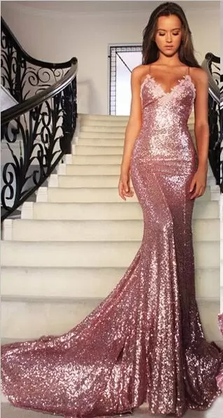 Fashionable Pink Backless V-neck Sequins Prom Dresses Sleeveless Brush Train